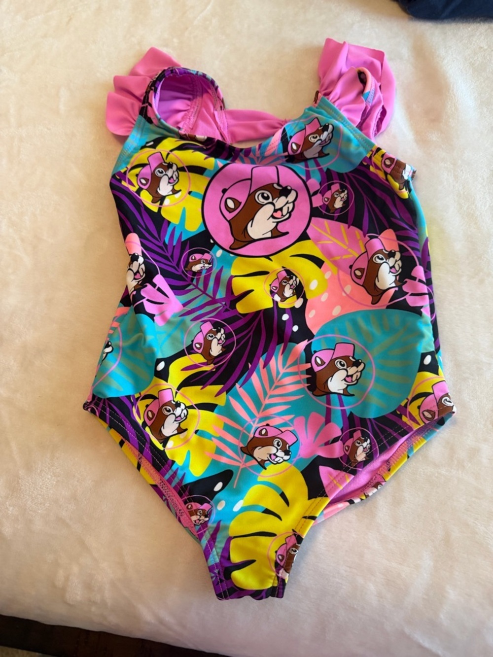 Buc-ees Kids Pink Tropical Character One-Piece Swimsuit